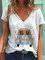 Light Blue V Neck Simple Short Sleeve Printed Tops