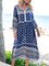 Blue Cotton-Blend Tribal V Neck 3/4 Sleeve Dresses