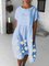 Blue Casual Holiday Floral Printed Shawl Collar Short Sleeve Dresses