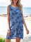 Blue Floral-Print Crew Neck Sleeveless Pocket Floral Mini Dresses
