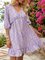 Purple Half Sleeve Gathered V Neck Floral Mini Dresses