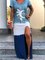 Blue Cotton-Blend Slit Holiday V Neck Dresses