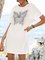 White Animal Crew Neck Holiday Paneled Dresses