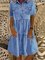 Sky Blue Denim Daily Casual Shirt Collar Short Sleeve Buttoned Pockets A-line Dresses