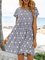 Blue A-Line Geometric Short Sleeve Crew Neck Dresses