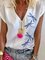 White Cotton-Blend Short Sleeve Printed V Neck Shirts & Tops