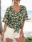 Dark Green Half Sleeve Floral V Neck Shirts & Tops