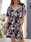 Purplish Blue Short Sleeve Paneled Floral V Neck One-Pieces