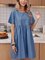 Blue Short Sleeve Cotton-Blend Paneled Crew Neck Dresses