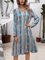 Blue Long Sleeve Paneled Cotton-Blend Casual Dresses