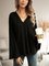 Black Solid Cotton-Blend V Neck Long Sleeve Shirts & Tops