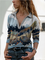 Multicolor V Neck Long Sleeve Casual Cotton-Blend Shirts & Tops