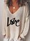 Vintage Love Letter Printed Plus Size Long Sleeve V Neck Casual Tops