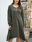 Green Cotton-Blend Long Sleeve Crew Neck Dresses