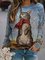 Blue Cotton-Blend Casual Crew Neck Women's Cat Print Sweatshirt