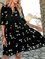 Black Bottom White Flower Half Sleeve V Neck Swing Mini Dresses