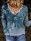 Floral Long Sleeve Printed Cotton-blend V neck Vintage Winter Blue Top
