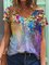 Colorful Flower Painting V Neck Short Sleeve Shirts & Tops