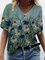 Colorful Flower Painting Short Sleeve Shift V Neck Shirts & Tops
