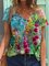 Colorful Flower Painting Short Sleeve V Neck Casual T-Shirts