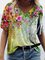 Colorful Flower Painting V Neck Short Sleeve Shirts & Tops