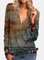Women's Landscape Print Long Sleeve V-Neck Zip T-Shirt