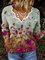 New Women Fashion Plus Size Casual Floral Vintage Long Sleeve V Neck Shirts Tops
