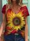 Women Vintage V Neck Sunflower 3D Painting Print T-shirt