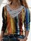 Colorful Block Casual Vintage V Neck Long Sleeve Blouse Sweatshirt