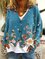 V Neck Casual Long Sleeve Floral Outerwear