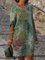 Vintage Leaves Printed Plus Size 3/4 Sleeve Casual Dresses