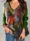 Printed Long Sleeve Leaves V Neck Tops