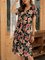 Black Floral-Print Short Sleeve V Neck Swing Dresses