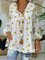 White Sunflower Printed Balloon Sleeve V Neck Casual Shirts & Tops
