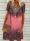 New Women Chic Plus Size Vintage Boho Hippie Holiday Short Sleeve Shift V Neck Dresses