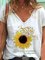 Casual Paneled V-neck Short Sleeves Sunflower Print T-shirt