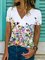 Floral Short Sleeve Printed Cotton-blend V neck Casual Summer White Top