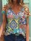 Patchwork Print Cotton-Blend Casual Short Sleeve V Neck T-Shirts
