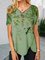 Floral Short Sleeve Zipper Cotton-blend V neck Vintage Summer Green Top