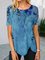Floral Short Sleeve Printed Cotton-blend Crew Neck Vintage Summer Blue Top