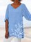 Floral Short Sleeve Printed Polyester V neck Vintage Summer Blue Top