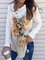 Long sleeve pile collar plant leaf print top T-shirt women