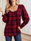 U-Neck Vintage Grid Printed Long Sleeve Shirts & Tops