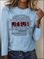 Letter Print Long Sleeve Round Neck Casual Blue Tops
