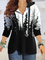 Long sleeve V-neck zipper hooded plant print medium length top T-shirt women