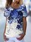 JFN Asymmetrical Neck Color Block Floral Loosen Cotton Blends Casual Short Sleeve T-Shirt/Tee