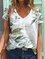 JFN V Neck Floral Leaves Casual Resort Loose Knit T-Shirt/Tee