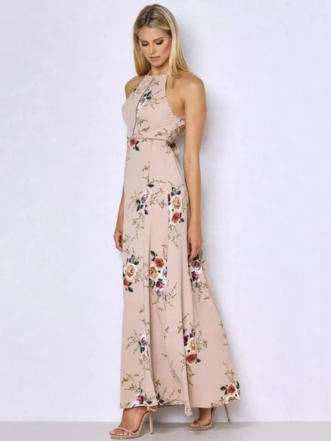 2019 halter backless floral print boho swing casual maxi dress