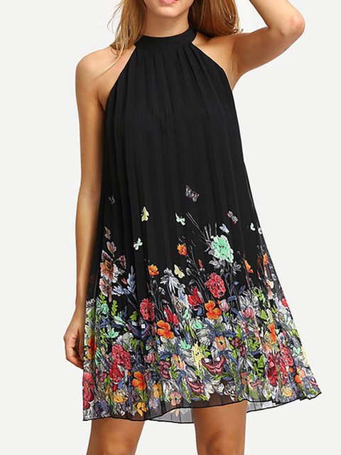 Daytime Sleeveless Women Floral Halter Floral Chiffon Black Dress Casual vq4yXRXEw