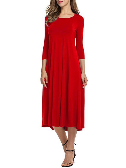JustFashionNow Women Elegant Dress Swing Daily Dress 3/4 Sleeve Cotton ...